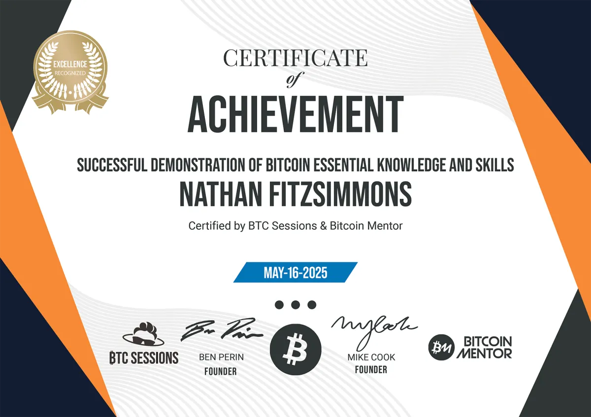 BTC Mentor Certificate of Achievement — example